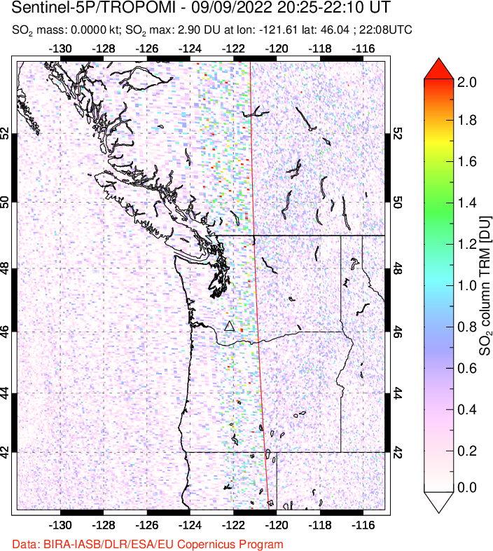 A sulfur dioxide image over Cascade Range, USA on Sep 09, 2022.