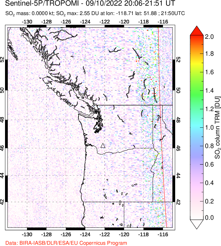 A sulfur dioxide image over Cascade Range, USA on Sep 10, 2022.
