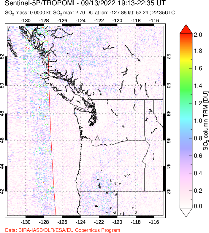 A sulfur dioxide image over Cascade Range, USA on Sep 13, 2022.