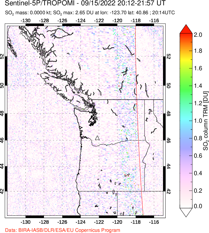 A sulfur dioxide image over Cascade Range, USA on Sep 15, 2022.