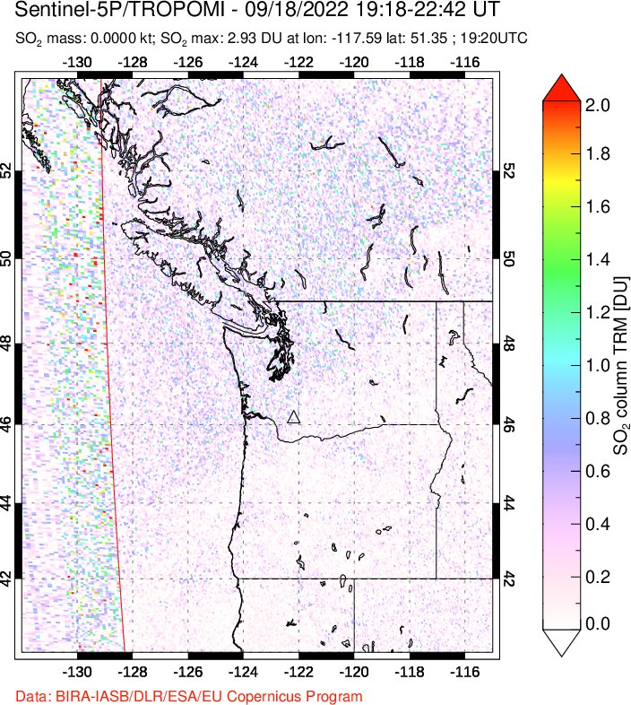 A sulfur dioxide image over Cascade Range, USA on Sep 18, 2022.