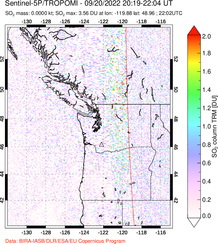 A sulfur dioxide image over Cascade Range, USA on Sep 20, 2022.