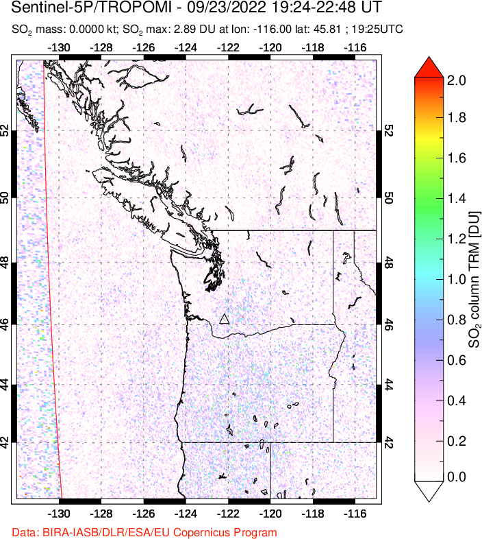 A sulfur dioxide image over Cascade Range, USA on Sep 23, 2022.