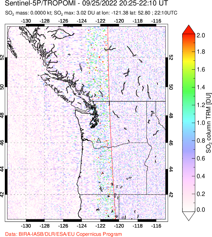 A sulfur dioxide image over Cascade Range, USA on Sep 25, 2022.