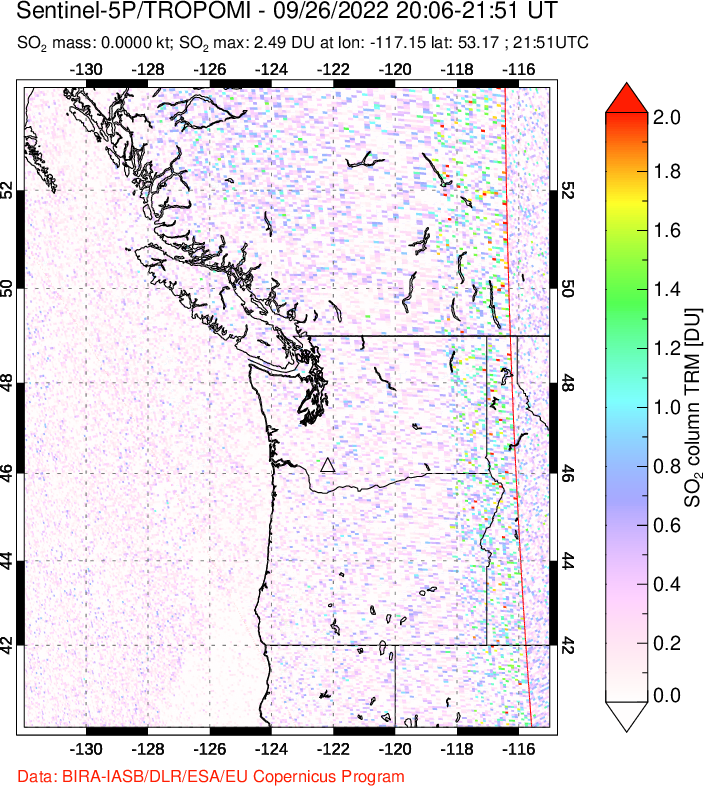 A sulfur dioxide image over Cascade Range, USA on Sep 26, 2022.