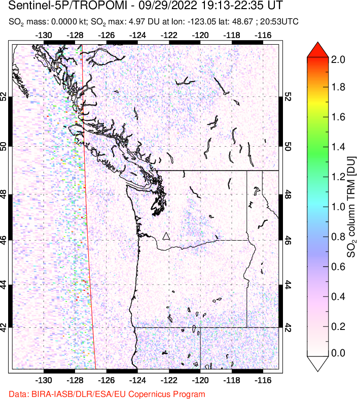 A sulfur dioxide image over Cascade Range, USA on Sep 29, 2022.