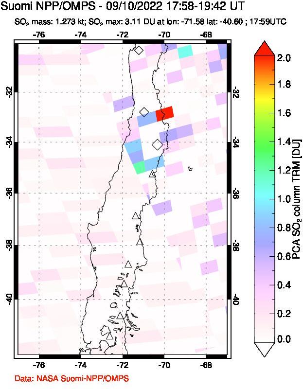A sulfur dioxide image over Central Chile on Sep 10, 2022.