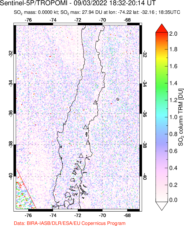 A sulfur dioxide image over Central Chile on Sep 03, 2022.