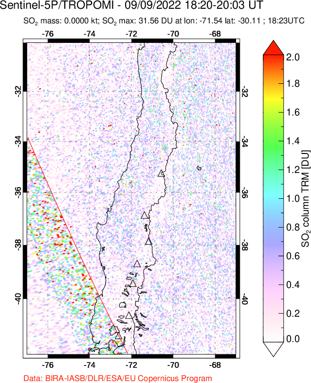 A sulfur dioxide image over Central Chile on Sep 09, 2022.