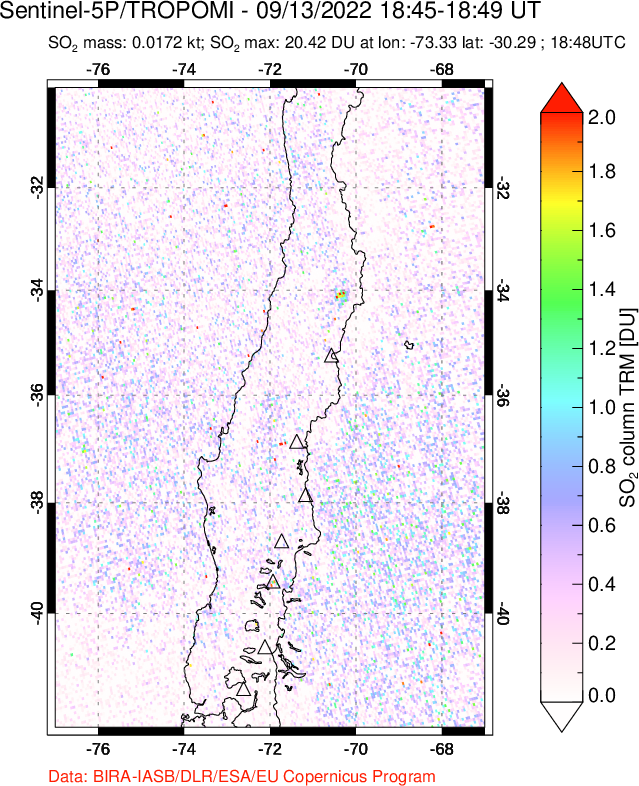 A sulfur dioxide image over Central Chile on Sep 13, 2022.