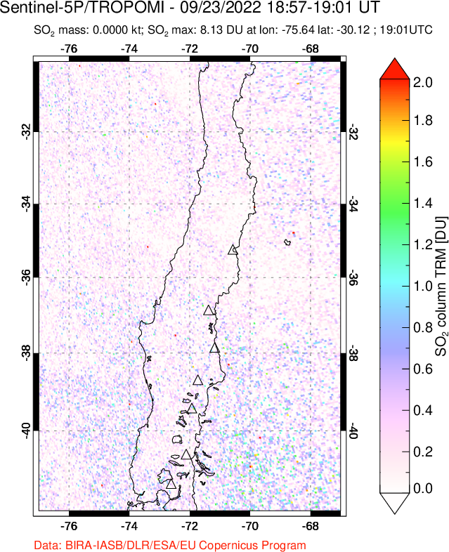 A sulfur dioxide image over Central Chile on Sep 23, 2022.