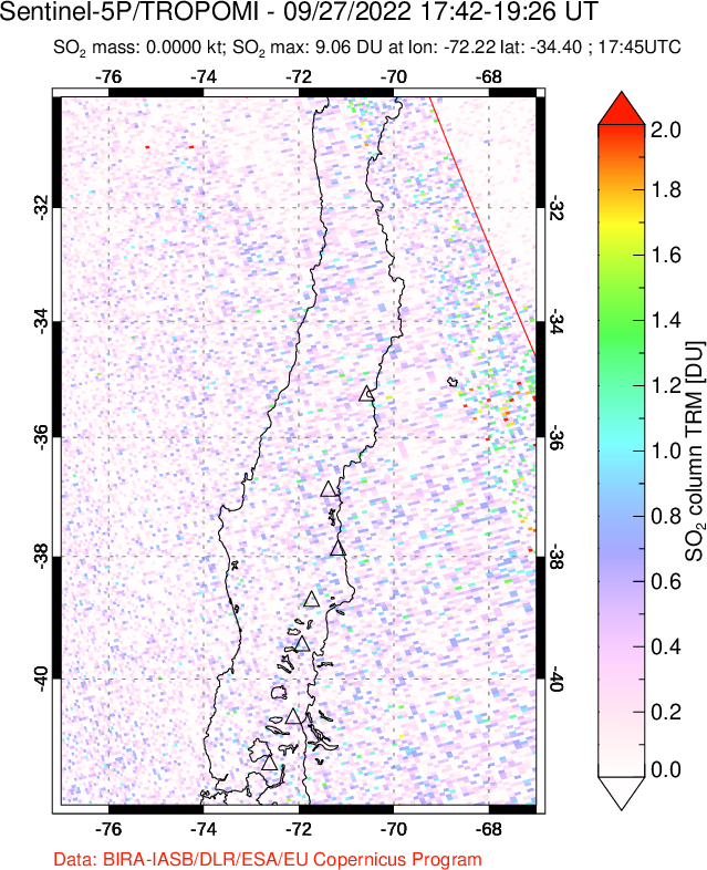 A sulfur dioxide image over Central Chile on Sep 27, 2022.