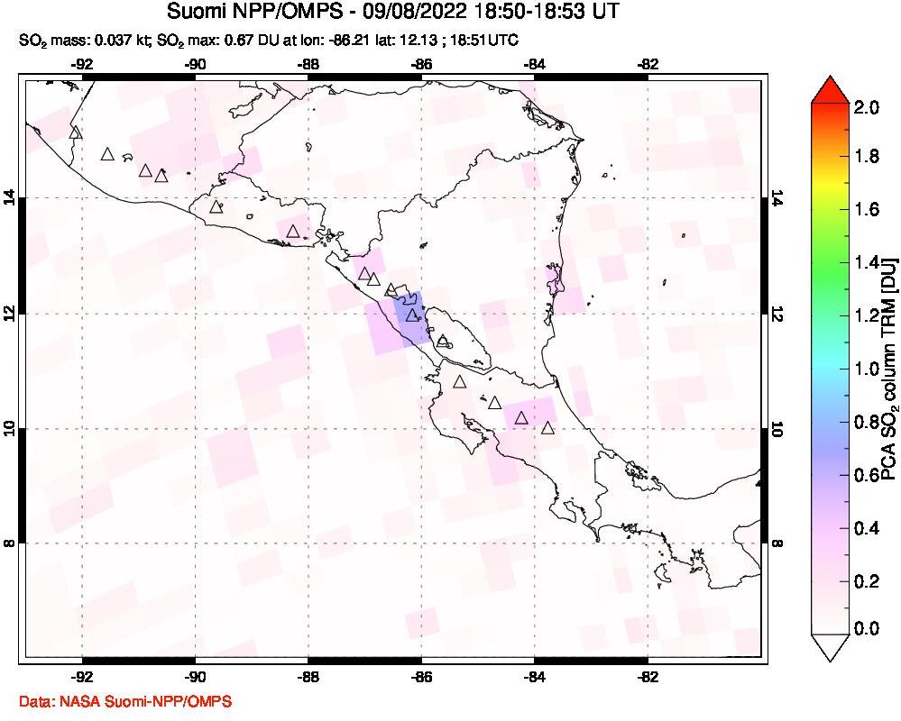 A sulfur dioxide image over Central America on Sep 08, 2022.