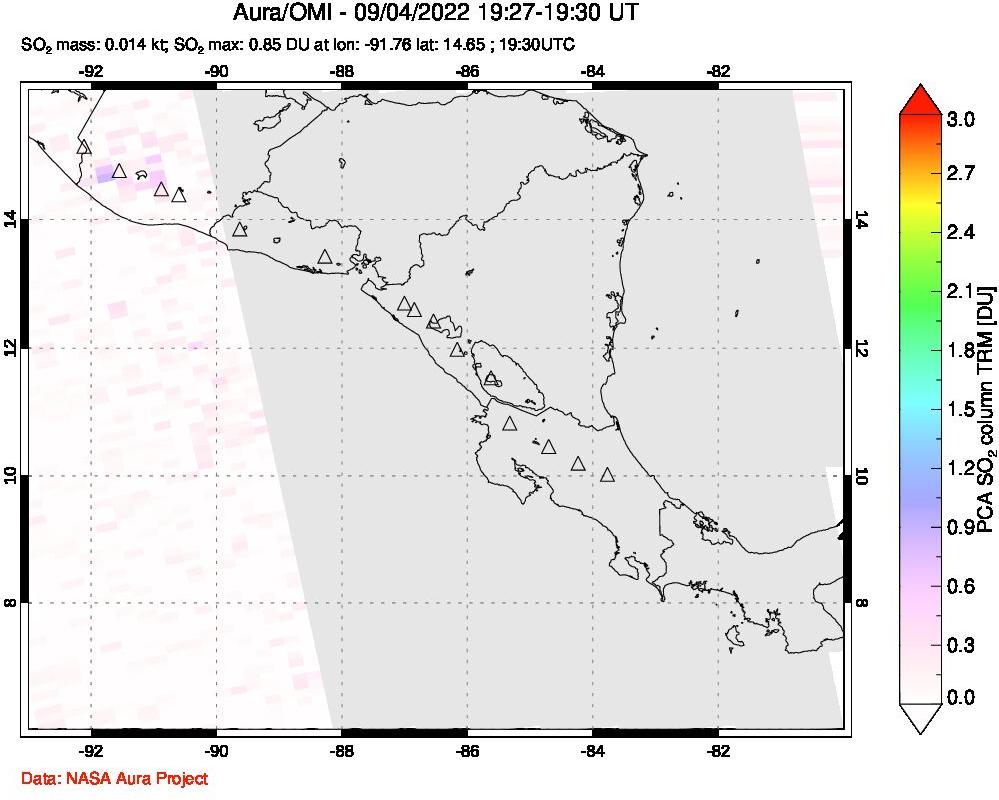 A sulfur dioxide image over Central America on Sep 04, 2022.