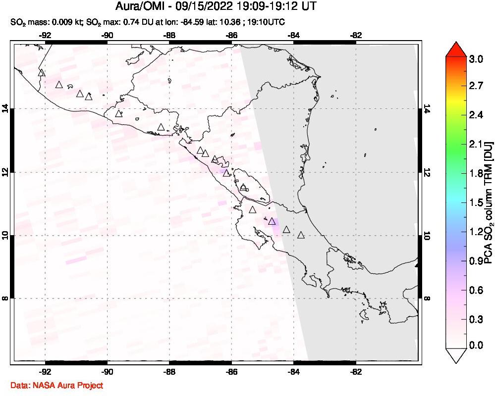 A sulfur dioxide image over Central America on Sep 15, 2022.