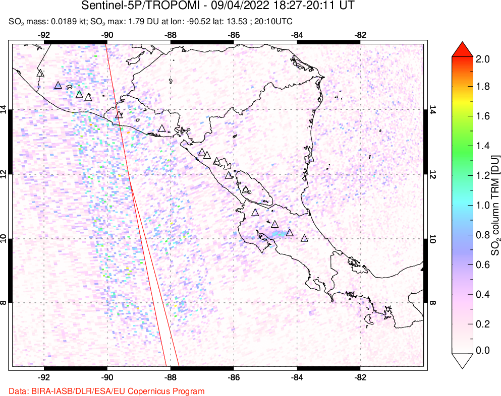 A sulfur dioxide image over Central America on Sep 04, 2022.