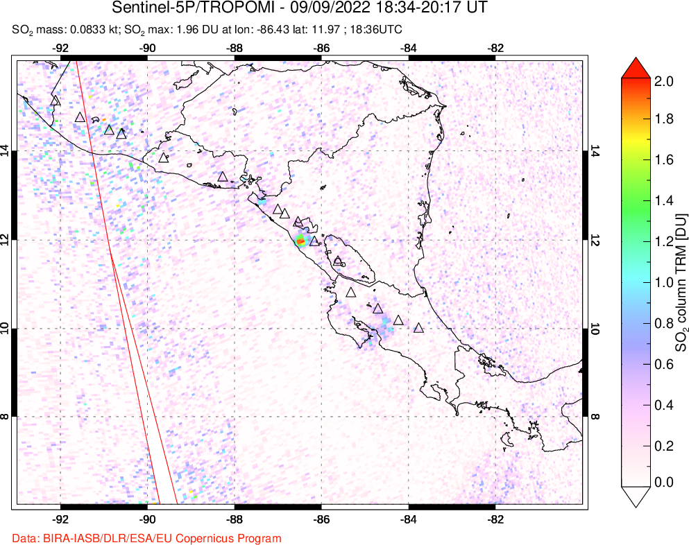 A sulfur dioxide image over Central America on Sep 09, 2022.