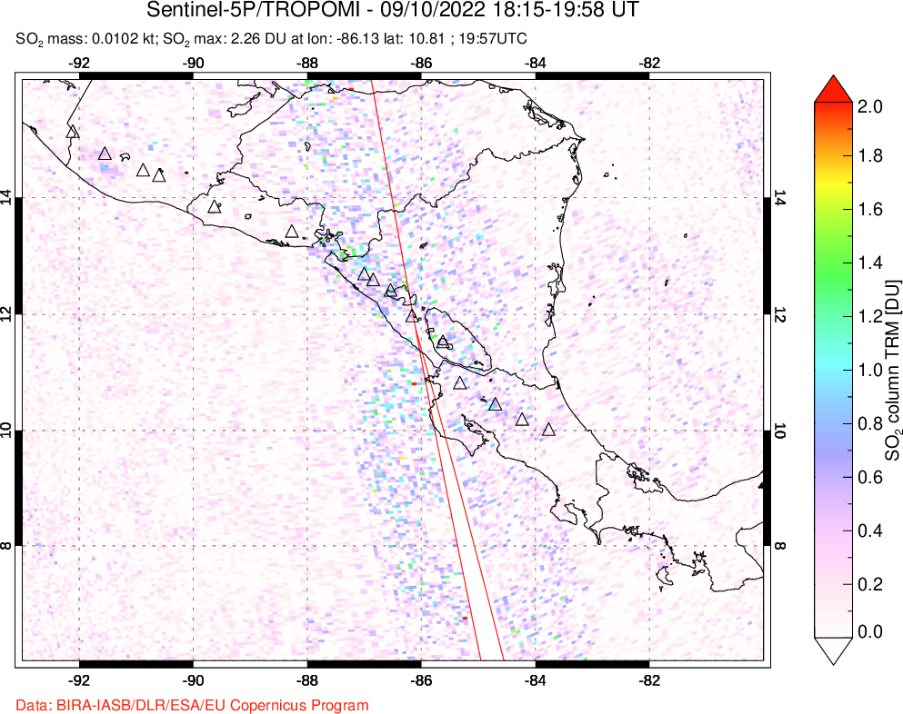 A sulfur dioxide image over Central America on Sep 10, 2022.