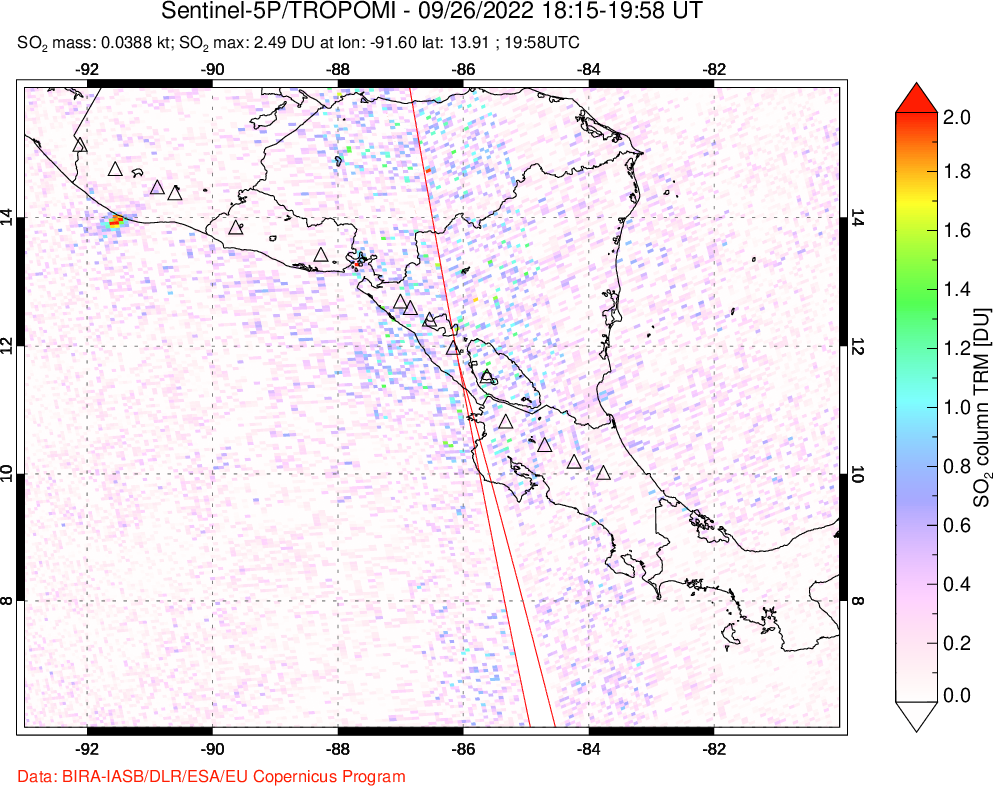 A sulfur dioxide image over Central America on Sep 26, 2022.