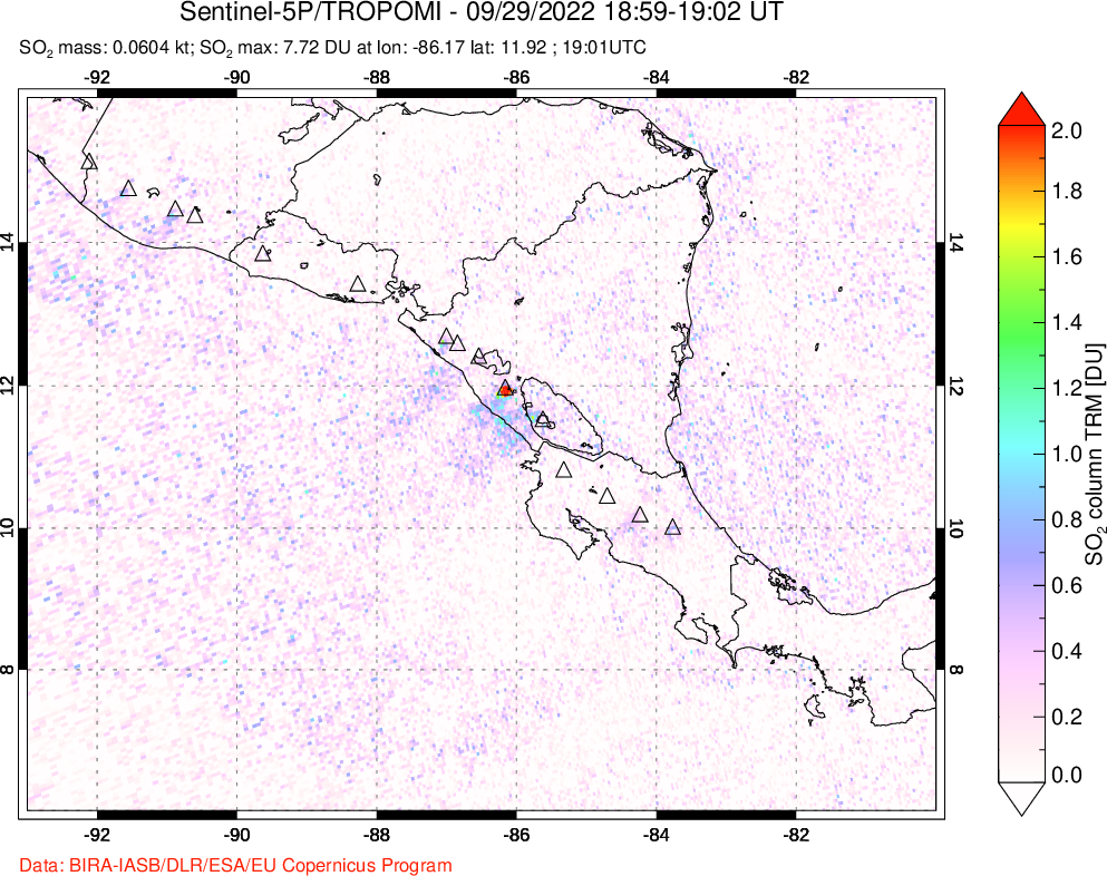 A sulfur dioxide image over Central America on Sep 29, 2022.