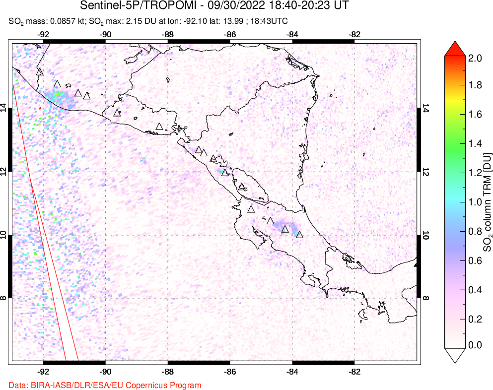 A sulfur dioxide image over Central America on Sep 30, 2022.
