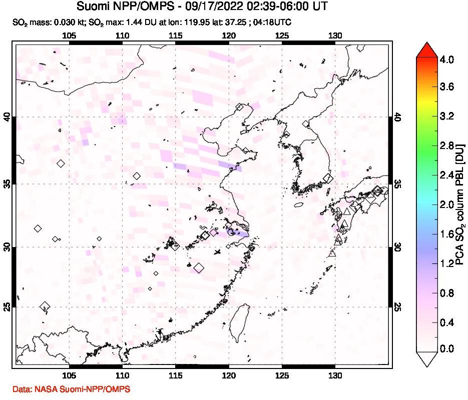 A sulfur dioxide image over Eastern China on Sep 17, 2022.