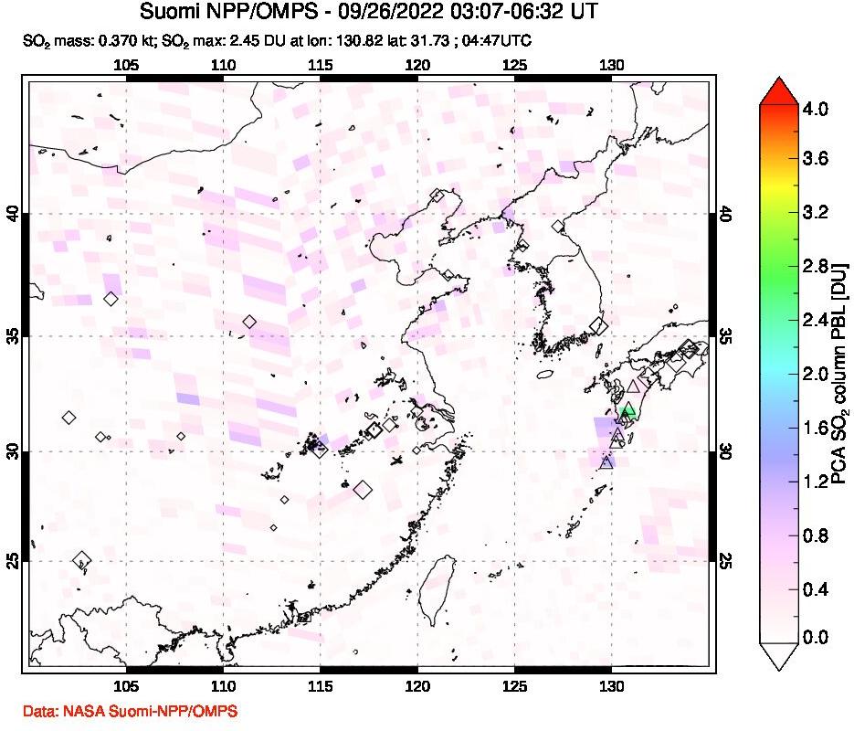 A sulfur dioxide image over Eastern China on Sep 26, 2022.