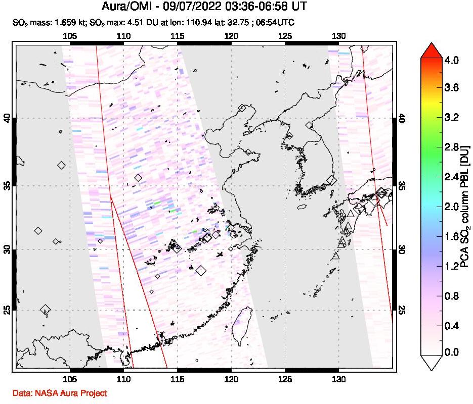 A sulfur dioxide image over Eastern China on Sep 07, 2022.