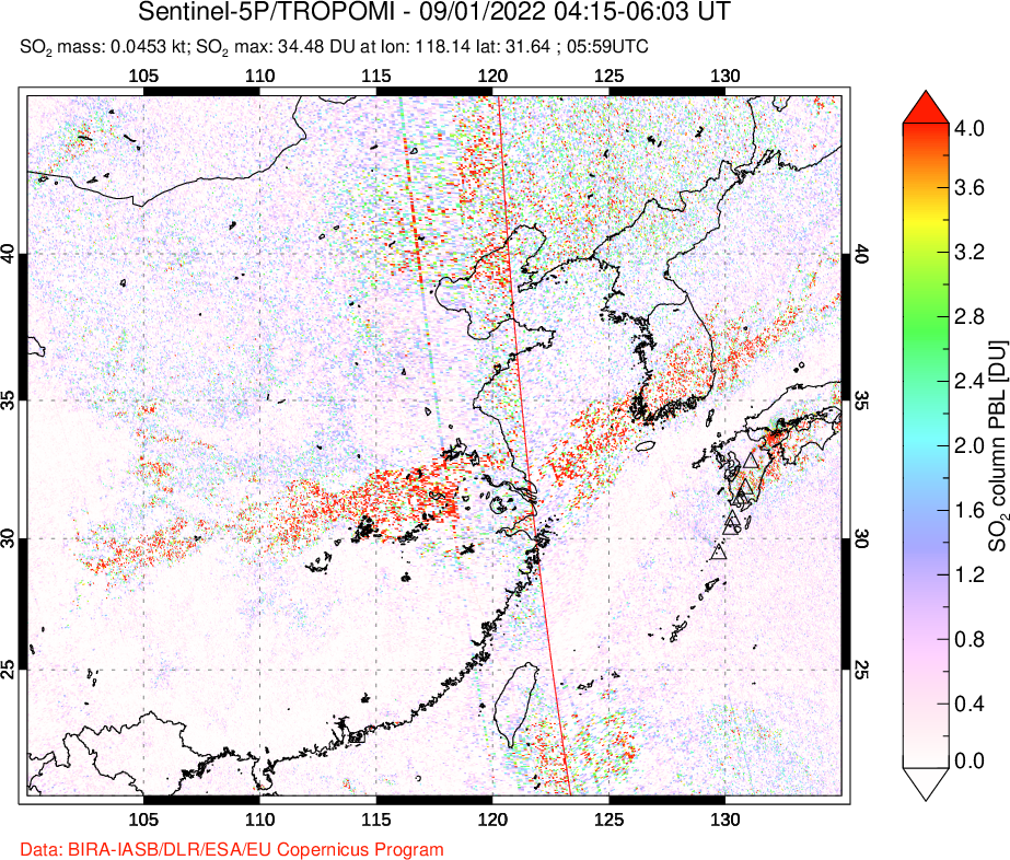 A sulfur dioxide image over Eastern China on Sep 01, 2022.