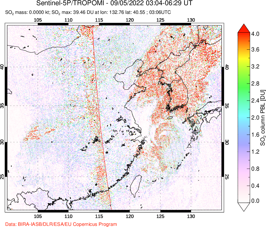A sulfur dioxide image over Eastern China on Sep 05, 2022.