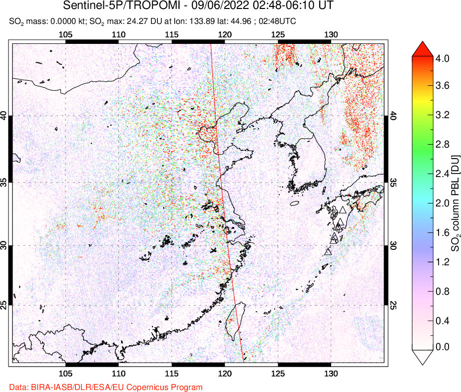 A sulfur dioxide image over Eastern China on Sep 06, 2022.