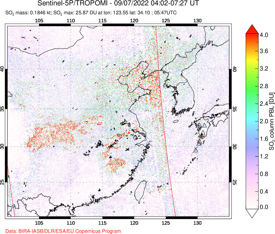 A sulfur dioxide image over Eastern China on Sep 07, 2022.