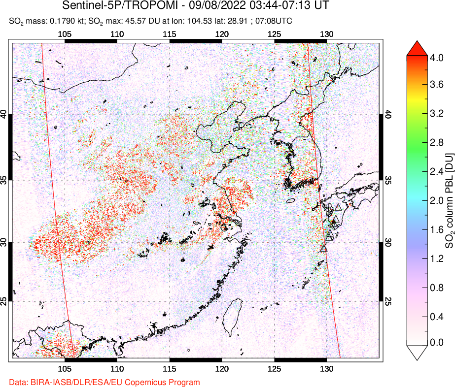 A sulfur dioxide image over Eastern China on Sep 08, 2022.