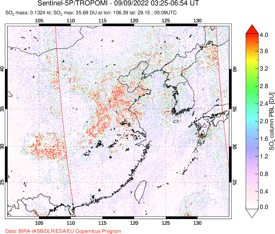 A sulfur dioxide image over Eastern China on Sep 09, 2022.