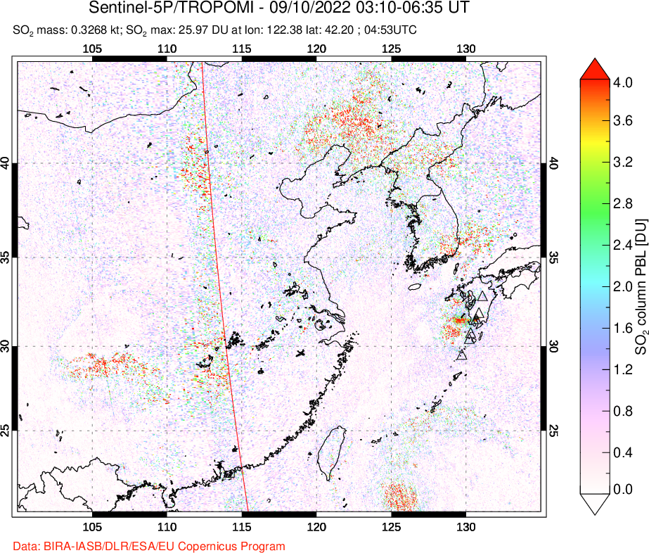 A sulfur dioxide image over Eastern China on Sep 10, 2022.