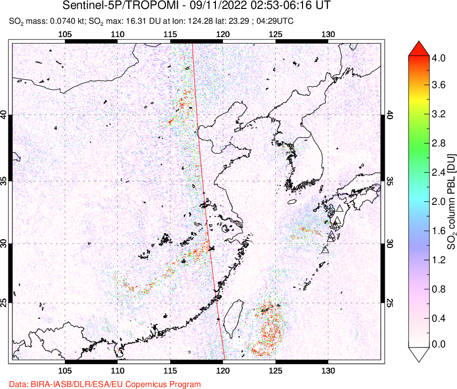 A sulfur dioxide image over Eastern China on Sep 11, 2022.