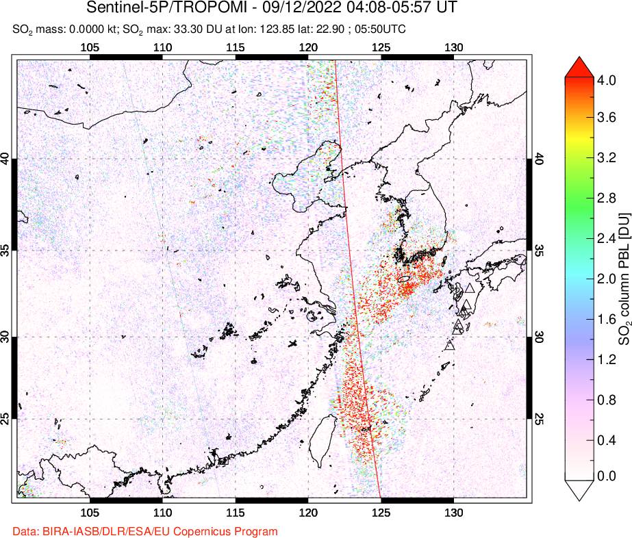 A sulfur dioxide image over Eastern China on Sep 12, 2022.