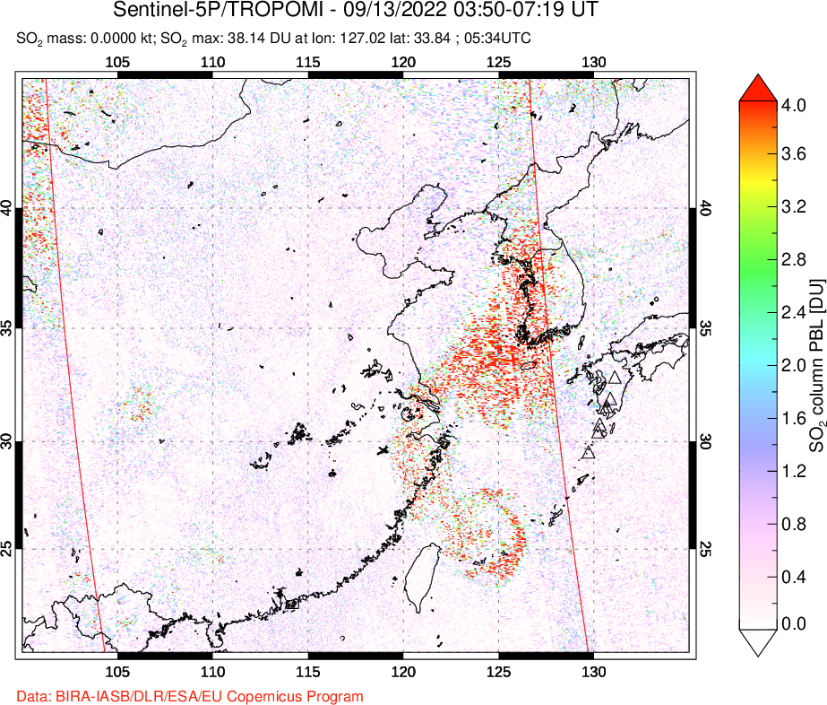 A sulfur dioxide image over Eastern China on Sep 13, 2022.