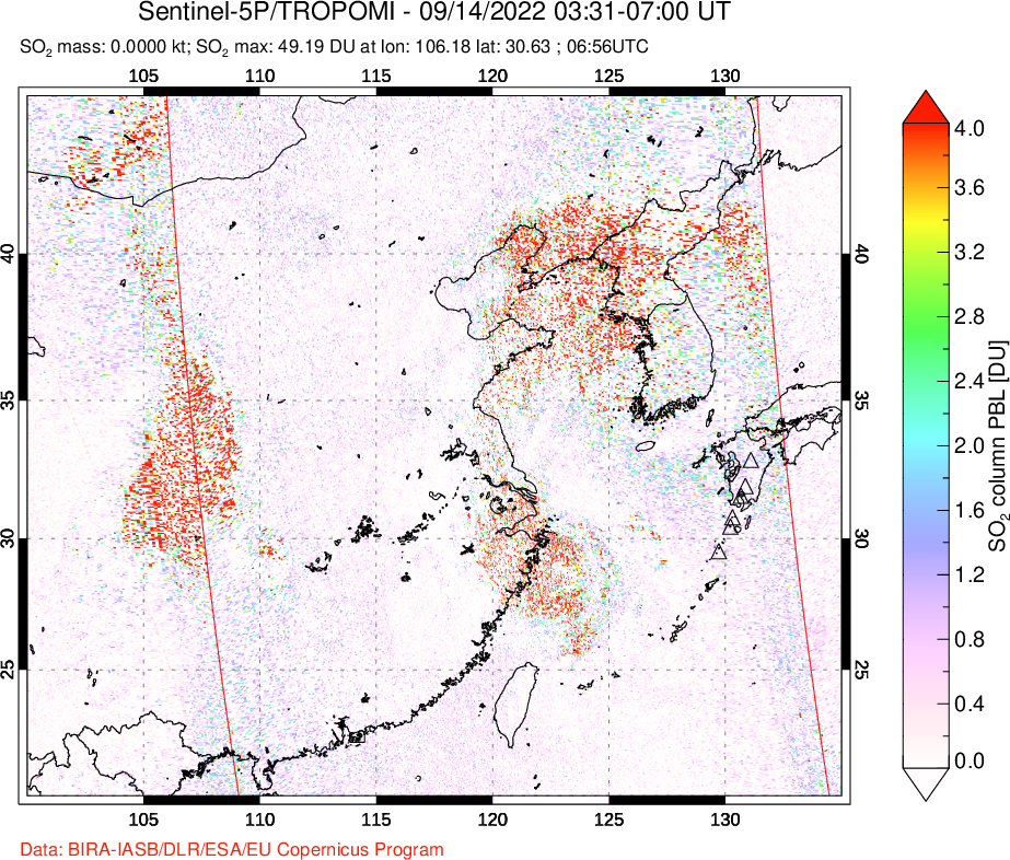 A sulfur dioxide image over Eastern China on Sep 14, 2022.