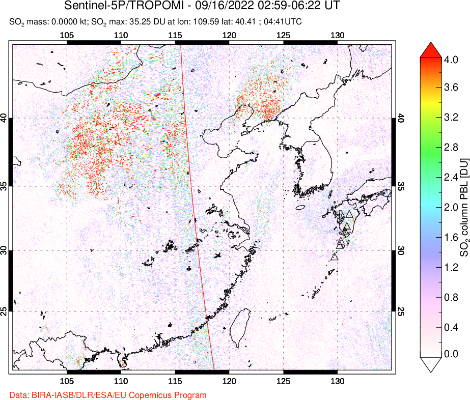 A sulfur dioxide image over Eastern China on Sep 16, 2022.