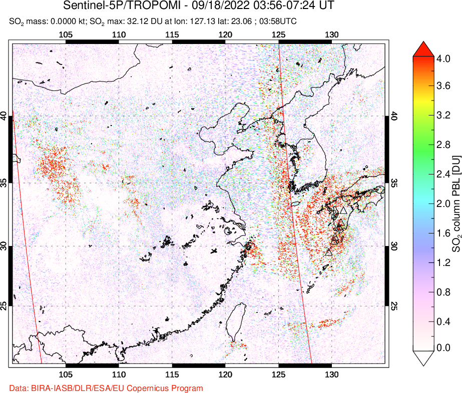 A sulfur dioxide image over Eastern China on Sep 18, 2022.