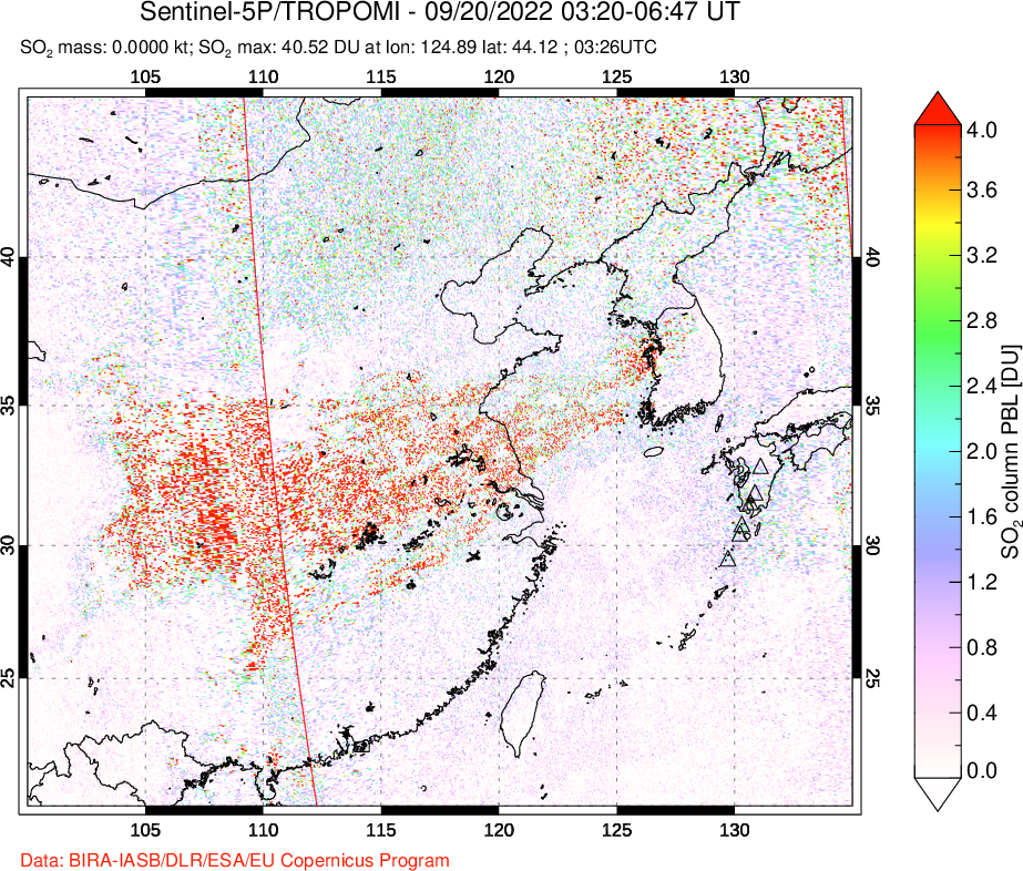 A sulfur dioxide image over Eastern China on Sep 20, 2022.