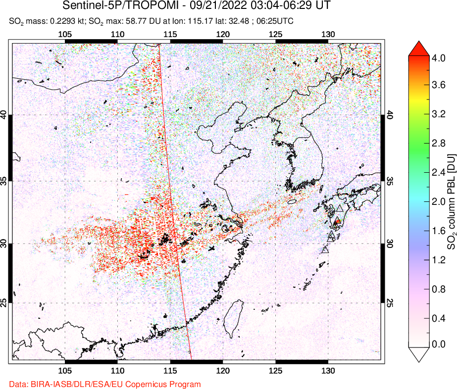 A sulfur dioxide image over Eastern China on Sep 21, 2022.