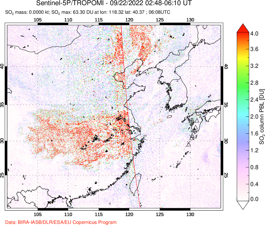 A sulfur dioxide image over Eastern China on Sep 22, 2022.