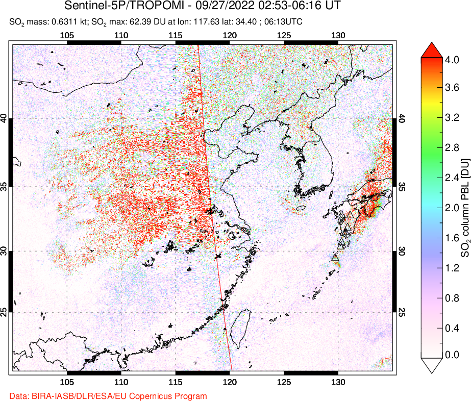 A sulfur dioxide image over Eastern China on Sep 27, 2022.