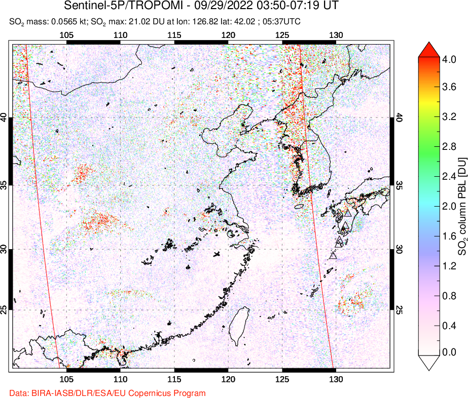 A sulfur dioxide image over Eastern China on Sep 29, 2022.
