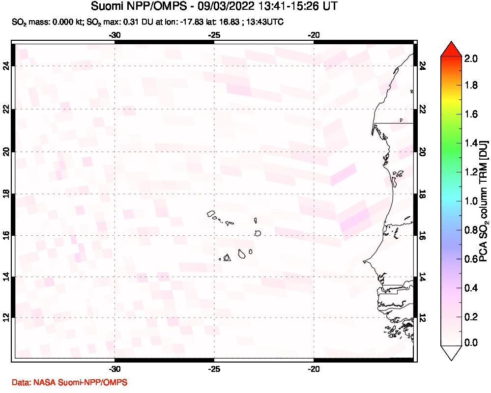 A sulfur dioxide image over Cape Verde Islands on Sep 03, 2022.