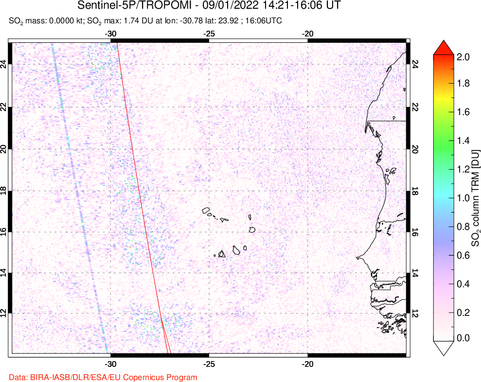 A sulfur dioxide image over Cape Verde Islands on Sep 01, 2022.
