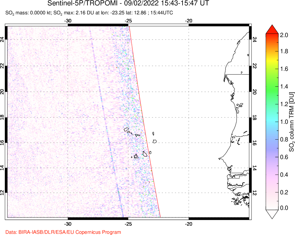 A sulfur dioxide image over Cape Verde Islands on Sep 02, 2022.