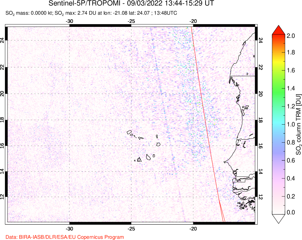 A sulfur dioxide image over Cape Verde Islands on Sep 03, 2022.
